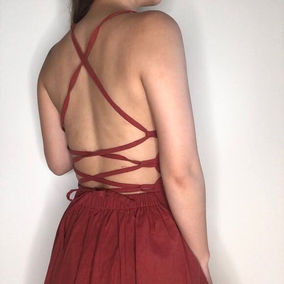 NWOT red rust bustier lace up backless fit and flare strappy mini dress small - Picture 2 of 5